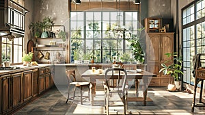 Inviting and cozy rustic french country kitchen with wooden furniture and natural light