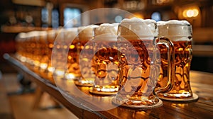Inviting and cozy scene featuring a lineup of frothy beer glasses on a pub table