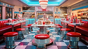 An inviting diner with a nostalgic touch, featuring a checkered floor and cozy red booths, An old-fashioned diner serving burgers
