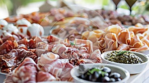 An inviting display of hors doeuvres featuring a selection of meats from a premium charerie counter including smoked