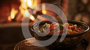 In this inviting image a bowl of steaming veggie soup is nestled in front of a roaring fire creating a sense of warmth
