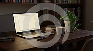 Cozy Home Office Setup with Laptop, Coffee, and Plant for Remote Work