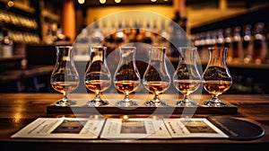 An inviting image of a whiskey tasting setup, with a flight of assorted whiskey glasses
