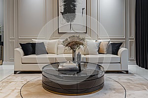 The inviting living room, a chic round coffee table sits atop, perfectly complementing the nearby sofa, AI generated