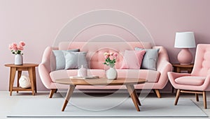 Inviting modern living room with pink color scheme and captivating wall art decorations
