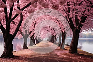 Inviting Park pink trees bench. Generate Ai