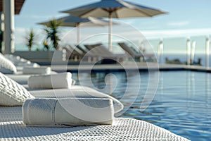 Inviting poolside scene with a woven sunbed and plush towel