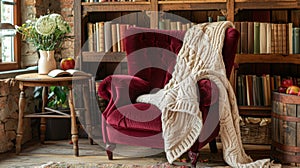 An inviting reading spot featuring a deep burgundy armchair dd with a cableknit blanket next to a rustic bookshelf photo