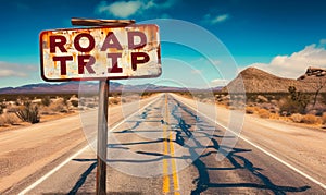 Inviting ROAD TRIP sign points along an endless highway stretching into the desert horizon, beckoning travelers to an