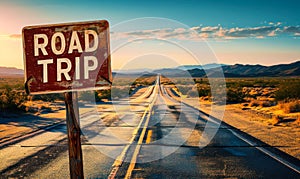 Inviting ROAD TRIP sign points along an endless highway stretching into the desert horizon, beckoning travelers to an