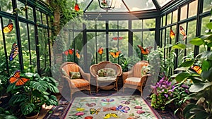 An inviting room featuring a bountiful collection of plants and various pieces of furniture, A charming Victorian-era conservatory