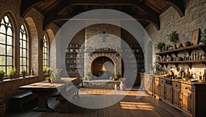 Rustic Stone Kitchen Interior with Fireplace and Dining Table