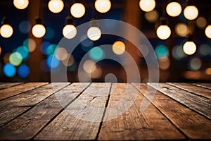 Rustic Wooden Table with Warm Bokeh Lights Background