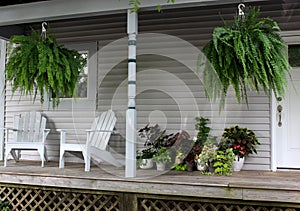 Warm and welcoming country porch with Adirondack chairs and array of plants and flowersa