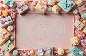 An inviting scene of pastel perfection featuring a plethora of birthday cakes, candles, and gift boxes, forming a