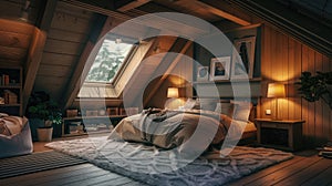 Inviting and snug 3D attic bedroom with cozy wooden beams and soft lighting. 3d background room