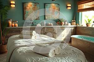 An inviting spa room with a massage table, serene decor, and a jacuzzi bath, offering a peaceful retreat for relaxation