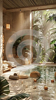 Inviting spa setting with candles and lush greenery, capturing a serene wellness ambiance photo