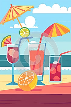 An inviting trio of summer cocktails, whimsically illustrated against a beach backdrop with parasols