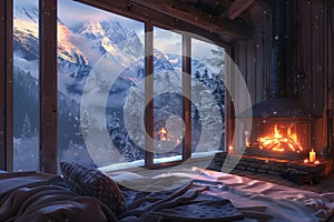 Inviting winter retreat featuring a warm, glowing fireplace and a bed with thick blankets