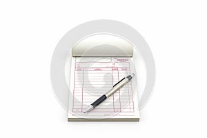 Invoice book which open blank page with pen.