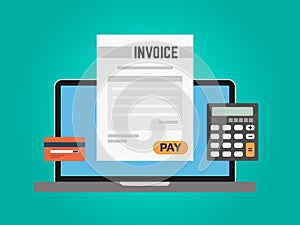 Invoice computer concept. Online payment using laptop. Calculator and credit card on green background. Paying taxes