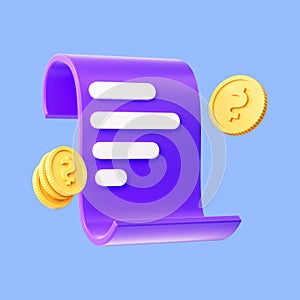 Invoice and dollar gold coin illustratio 3d rending