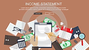 Invoice. Financial calculations. Working process. Businessman hands, calculator, financial reports, money, coins, pen. Top view. V