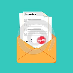 Invoice flat icon. Payment and bill invoice. Order symbol concept. Tax sign design. Paper invoice document in envelope.
