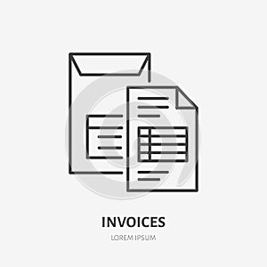 Invoice flat line icon. Document delivery in envelope sign. Thin linear logo for legal financial services, accountancy