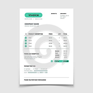 Invoice form template. Business Bill with data table. Paper order bookkeeping service document. Quotation vector design