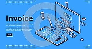 Invoice isometric landing page, tax payment bill