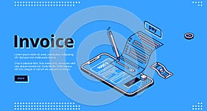 Invoice isometric landing page, tax payment bill