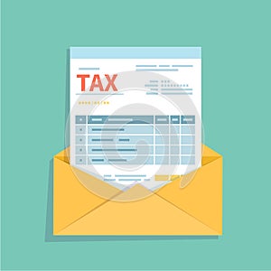 Invoice in an open envelope. Unfilled, minimalistic form of the document. Payment and invoicing, business or financial operations