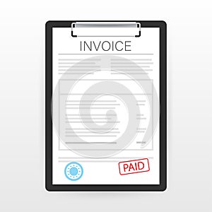 Invoice with paid stamp in clipboard. Vector stock illustration