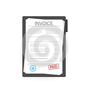 Invoice with paid stamp in clipboard. Vector stock illustration