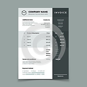 Invoice template. Bill with price table. Paper order bookkeeping service document. Quotation vector design