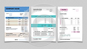 Invoice template. Bill receipt design, quotation invoicing and sale. Customer order agreement form vector set photo