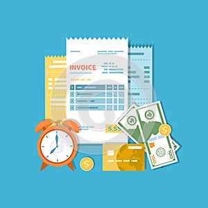 Invoices, accounts, checks with money and clock. Payment and invoicing, business or financial operations sign. photo