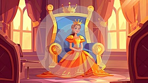 Involving a fairytale female personage, a queen in a palace, medieval throne room interior, monarchy cartoon character photo