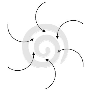 Inward circular, radial arrows for tighten, collision and collide themes. Collapse,  denture cursor illustration. Diminish, merge