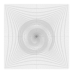 Inward, recess curved lines grid, mesh. Incline compress hollow, indent, dent distortion. Compression, depression negative space