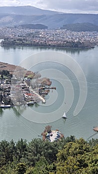 ioannina city greece in spring sunny day, lake pamvotis