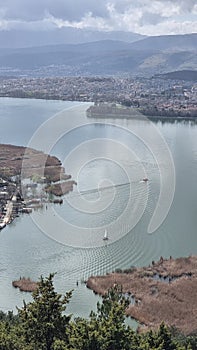 ioannina city greece in spring sunny day, lake pamvotis