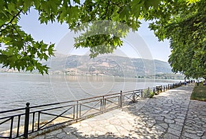 Ioannina  city beside the lake pamvotis, in summer season, platanus trees lake boats , greece