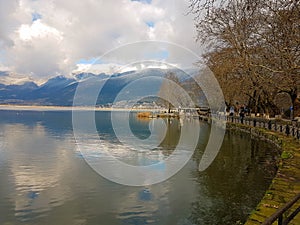 Ioannina lake  evening in  winter season trees road in greece