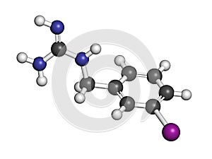 Iobenguane I-131 cancer drug molecule (radiopharmaceutical). 3D rendering. Atoms are represented as spheres with conventional