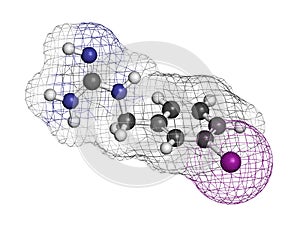 Iobenguane I-131 cancer drug molecule (radiopharmaceutical). 3D rendering. Atoms are represented as spheres with conventional