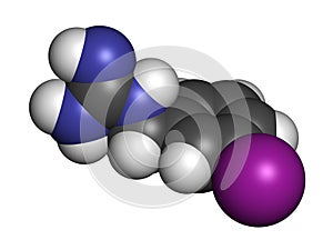 Iobenguane I-131 cancer drug molecule (radiopharmaceutical). 3D rendering. Atoms are represented as spheres with conventional