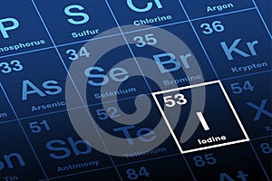 Iodine, with symbol I, on the periodic table of the elements photo